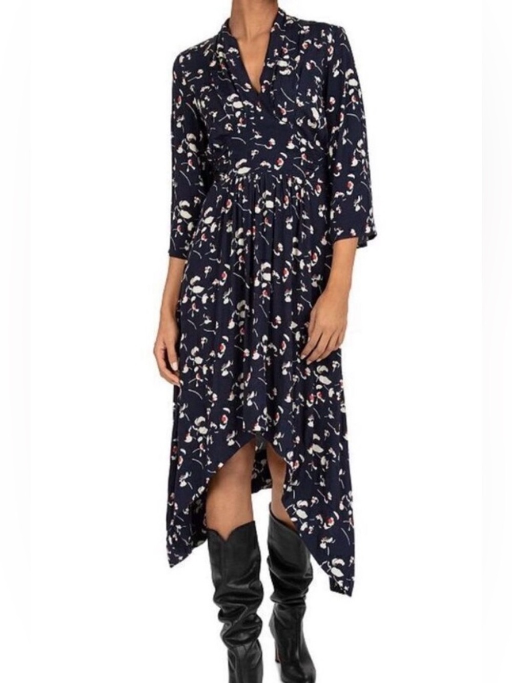 ba&sh Navy Floral High-Low Midi Dress